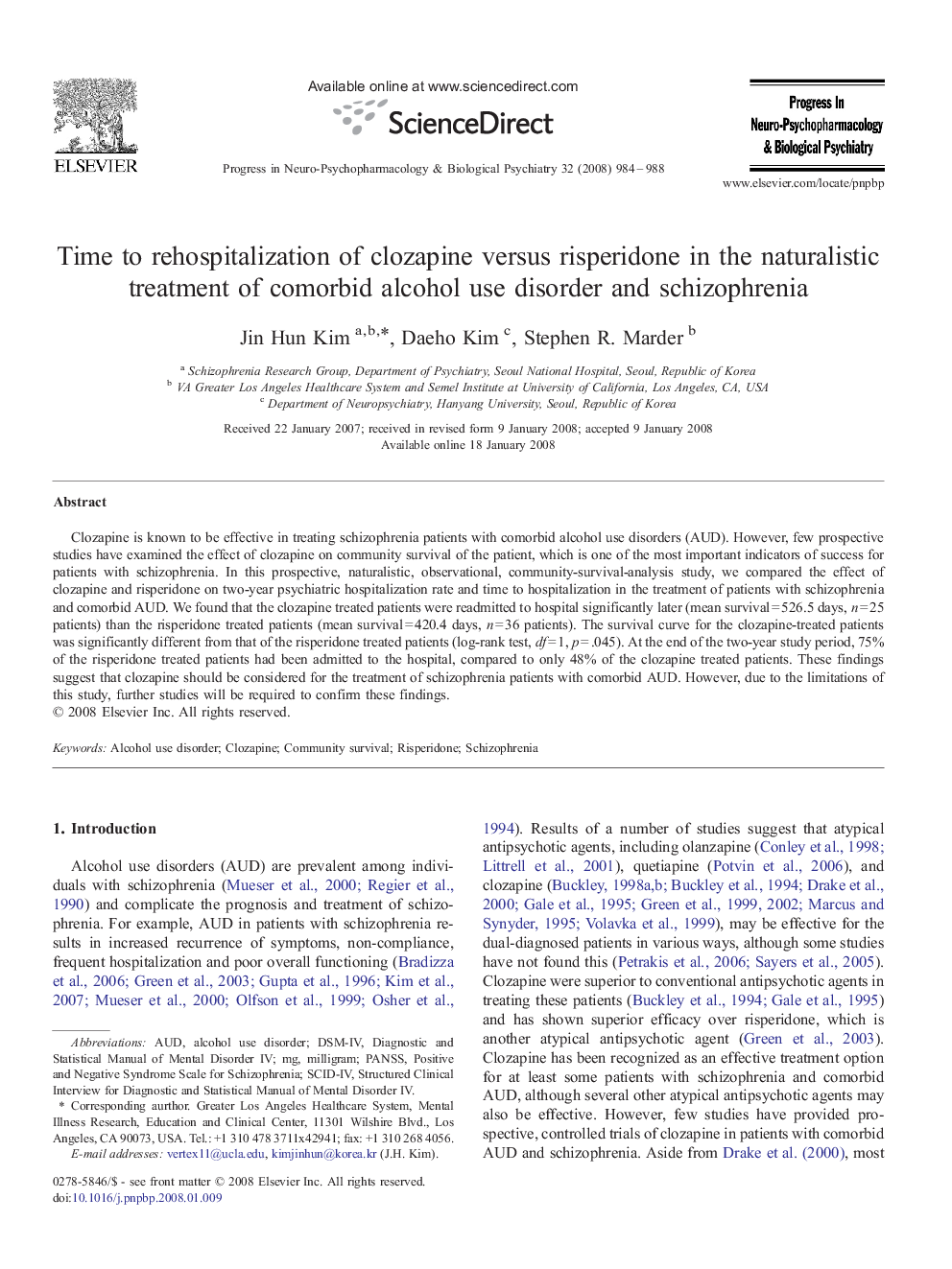 Time to rehospitalization of clozapine versus risperidone in the naturalistic treatment of comorbid alcohol use disorder and schizophrenia