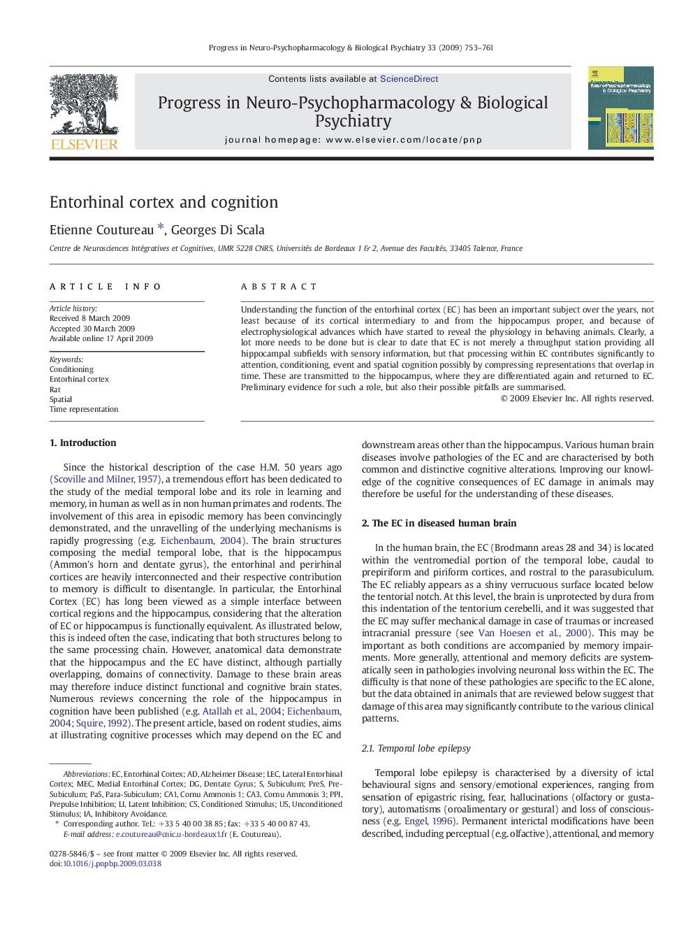 Entorhinal cortex and cognition