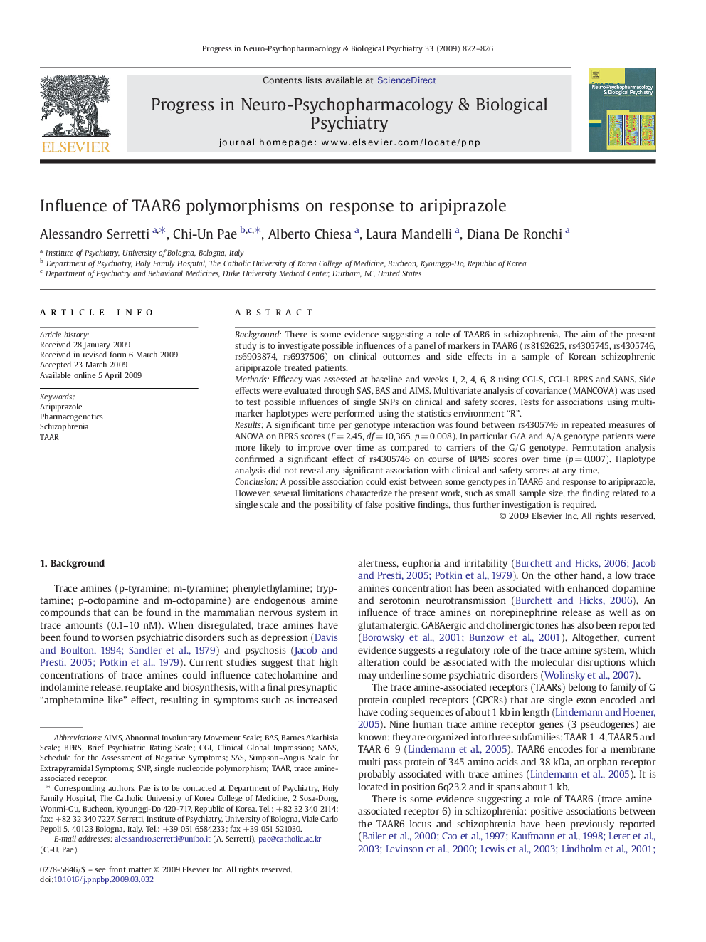 Influence of TAAR6 polymorphisms on response to aripiprazole