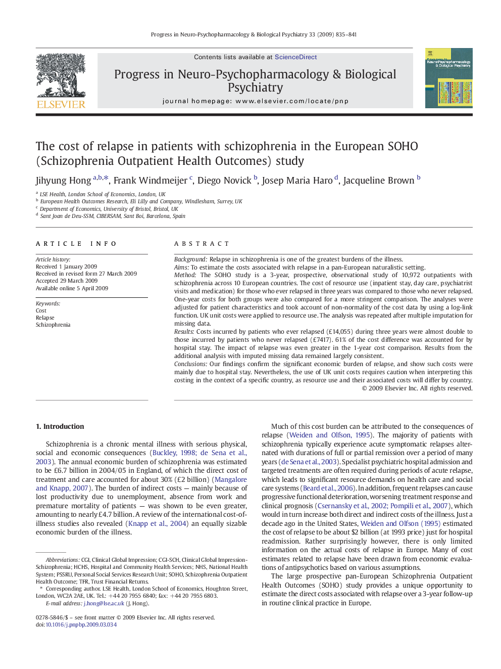 The cost of relapse in patients with schizophrenia in the European SOHO (Schizophrenia Outpatient Health Outcomes) study