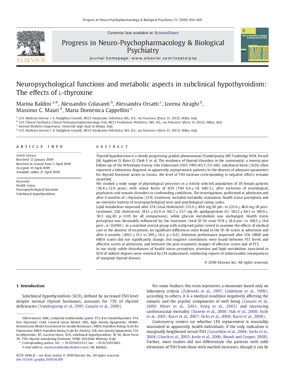 Neuropsychological functions and metabolic aspects in subclinical hypothyroidism: The effects of l-thyroxine