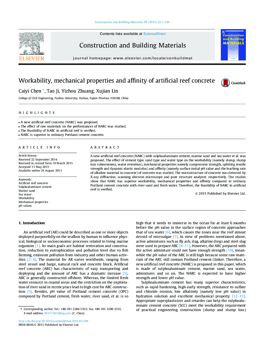 Workability, mechanical properties and affinity of artificial reef concrete