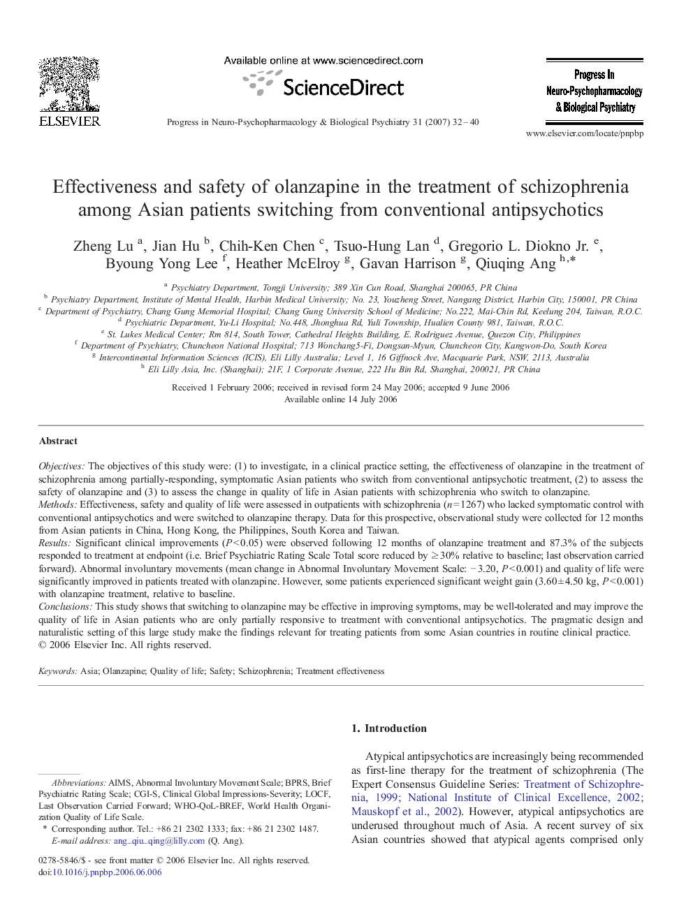 Effectiveness and safety of olanzapine in the treatment of schizophrenia among Asian patients switching from conventional antipsychotics