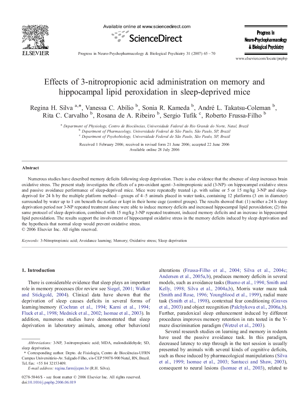 Effects of 3-nitropropionic acid administration on memory and hippocampal lipid peroxidation in sleep-deprived mice