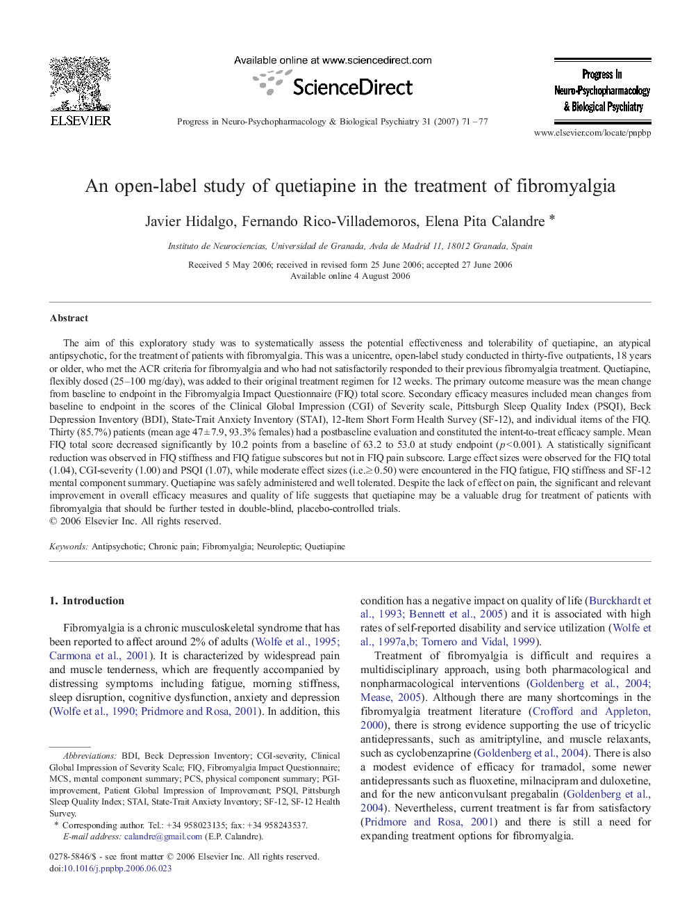 An open-label study of quetiapine in the treatment of fibromyalgia