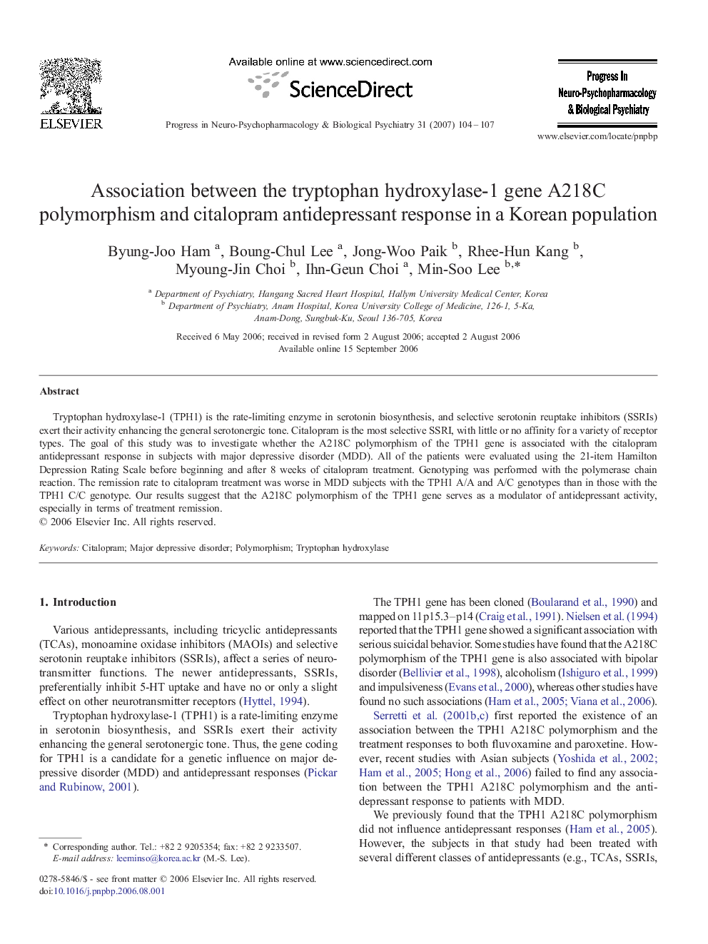 Association between the tryptophan hydroxylase-1 gene A218C polymorphism and citalopram antidepressant response in a Korean population