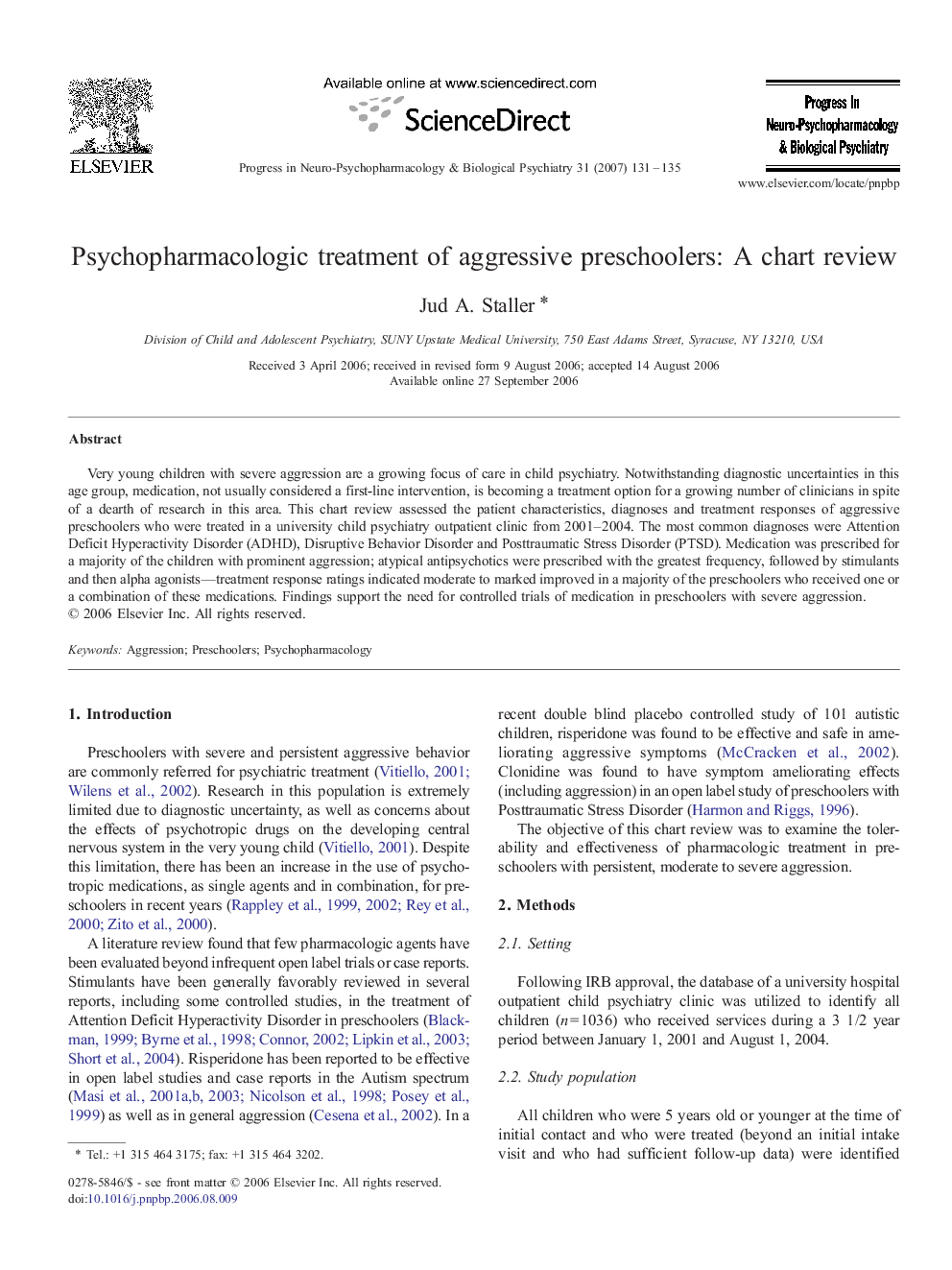 Psychopharmacologic treatment of aggressive preschoolers: A chart review