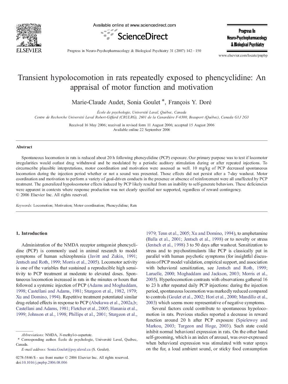 Transient hypolocomotion in rats repeatedly exposed to phencyclidine: An appraisal of motor function and motivation