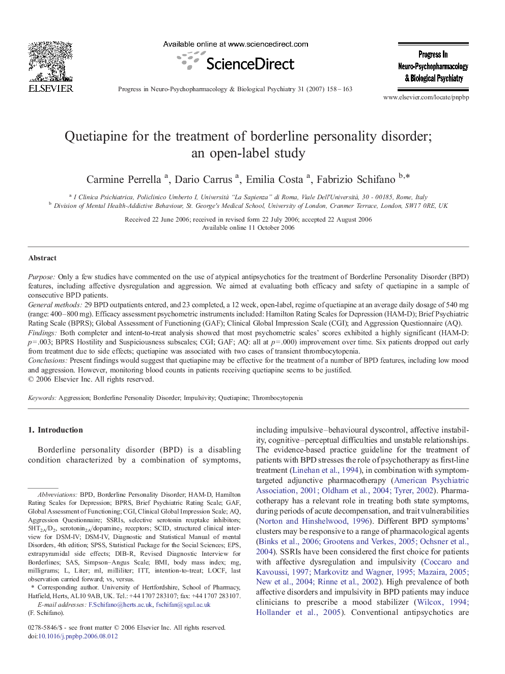 Quetiapine for the treatment of borderline personality disorder; an open-label study