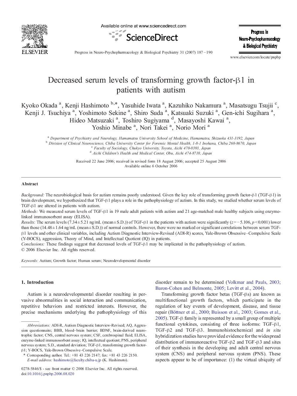 Decreased serum levels of transforming growth factor-β1 in patients with autism