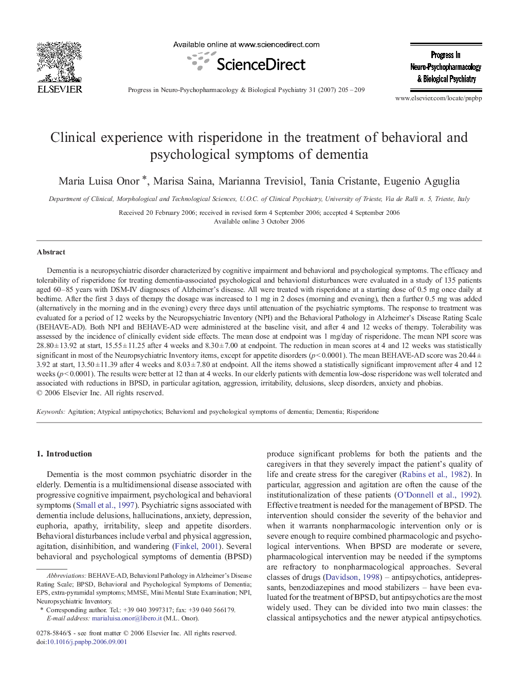 Clinical experience with risperidone in the treatment of behavioral and psychological symptoms of dementia