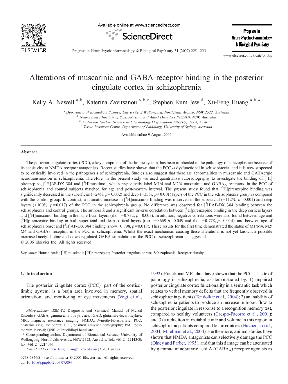 Alterations of muscarinic and GABA receptor binding in the posterior cingulate cortex in schizophrenia