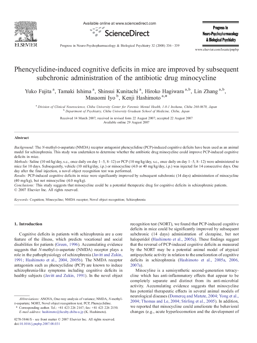 Phencyclidine-induced cognitive deficits in mice are improved by subsequent subchronic administration of the antibiotic drug minocycline