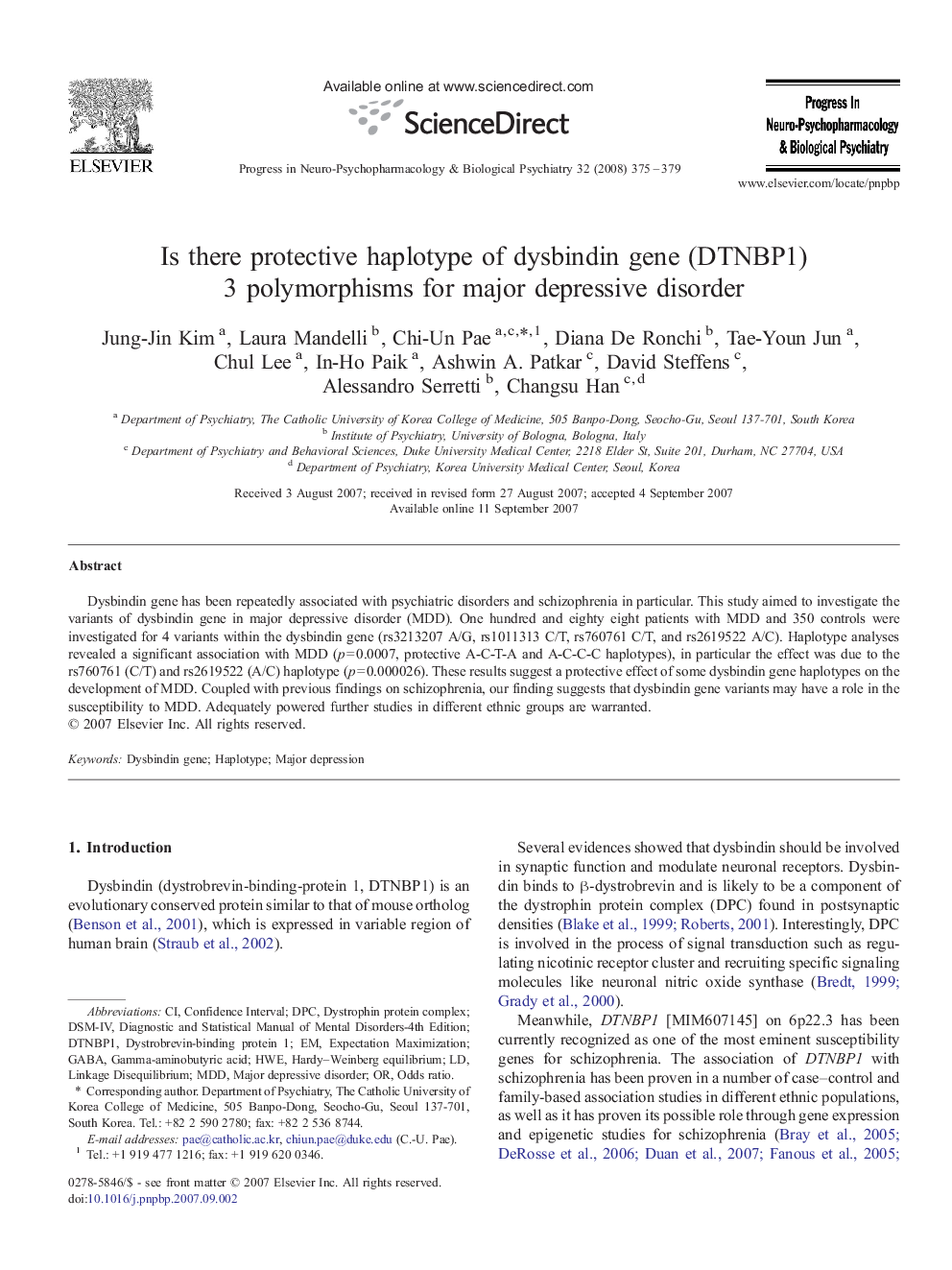 Is there protective haplotype of dysbindin gene (DTNBP1) 3 polymorphisms for major depressive disorder