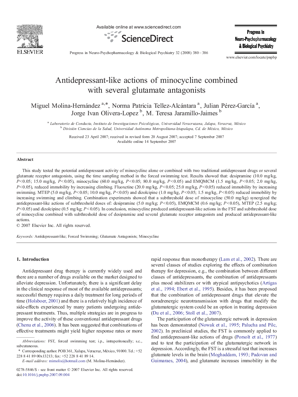 Antidepressant-like actions of minocycline combined with several glutamate antagonists