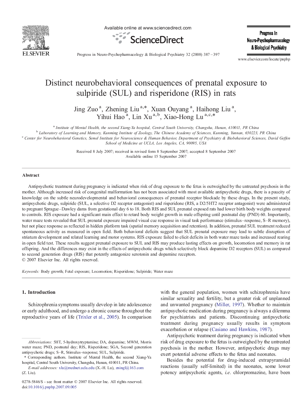 Distinct neurobehavioral consequences of prenatal exposure to sulpiride (SUL) and risperidone (RIS) in rats