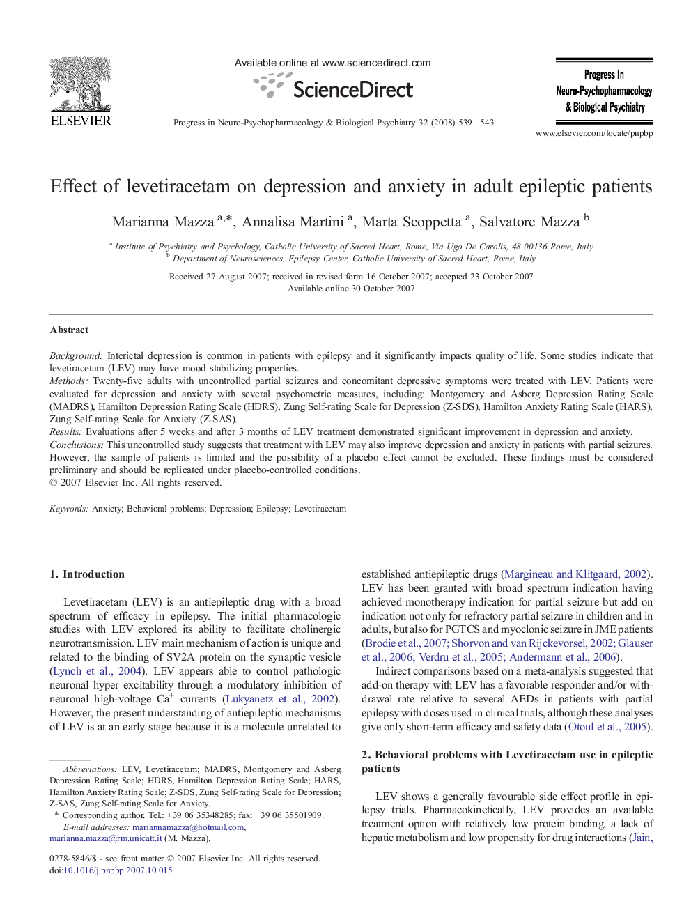 Effect of levetiracetam on depression and anxiety in adult epileptic patients