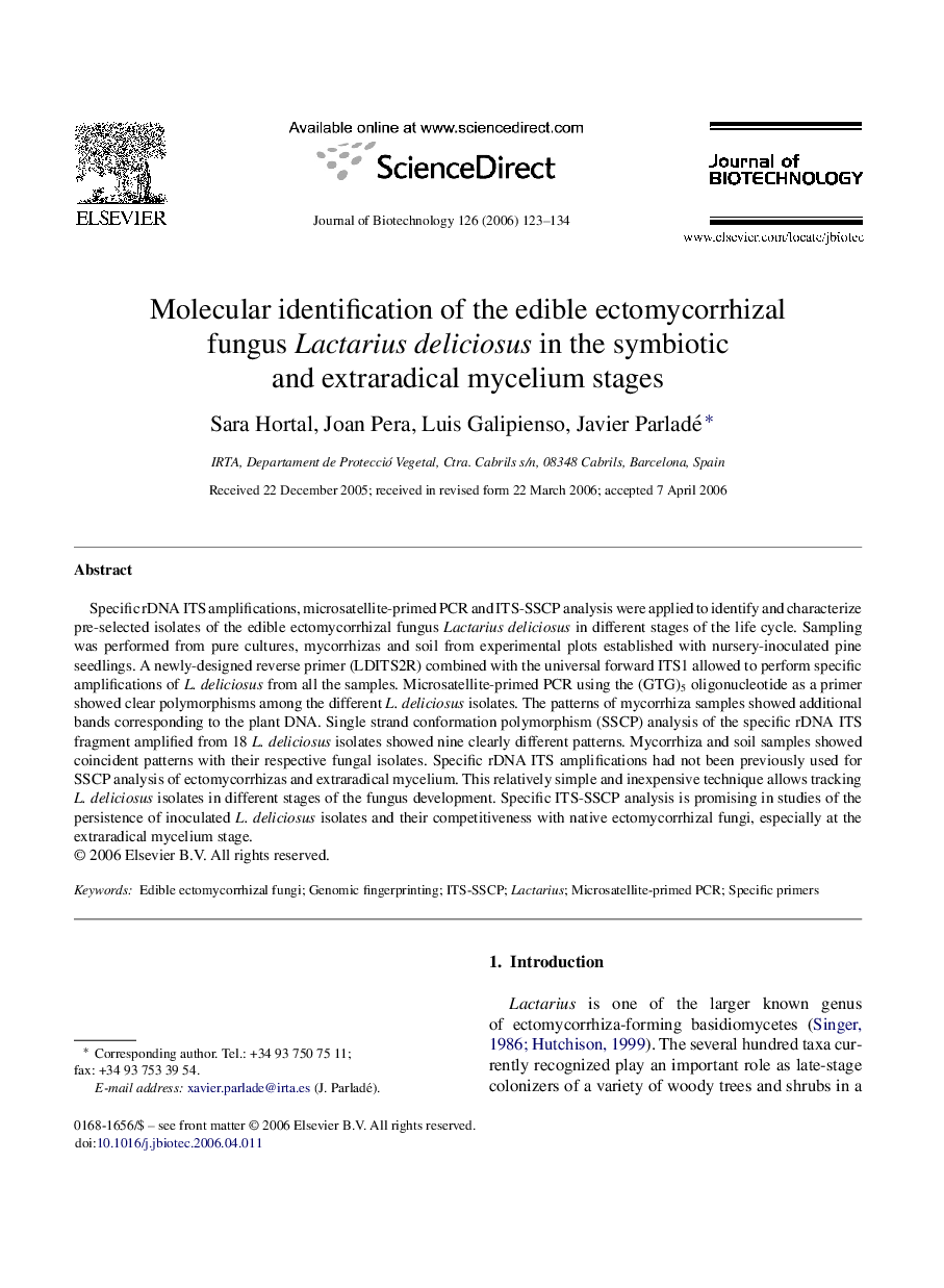 Molecular identification of the edible ectomycorrhizal fungus Lactarius deliciosus in the symbiotic and extraradical mycelium stages