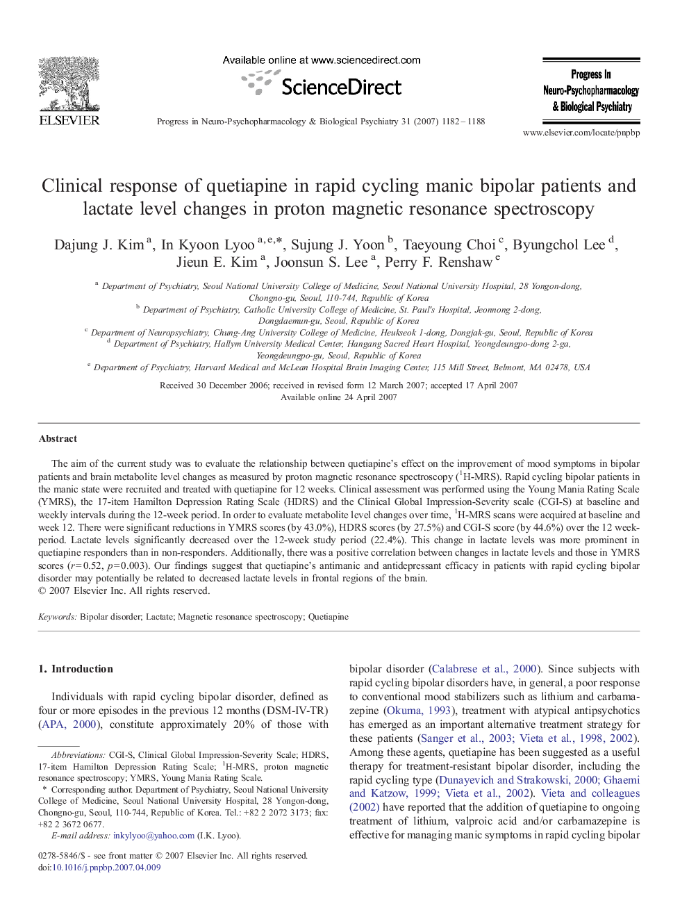 Clinical response of quetiapine in rapid cycling manic bipolar patients and lactate level changes in proton magnetic resonance spectroscopy