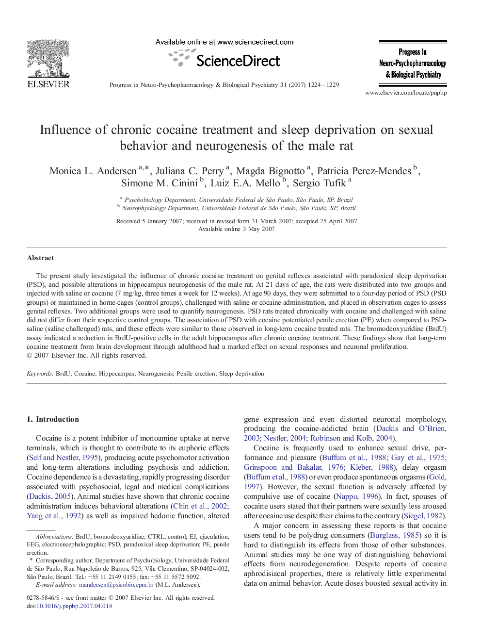 Influence of chronic cocaine treatment and sleep deprivation on sexual behavior and neurogenesis of the male rat