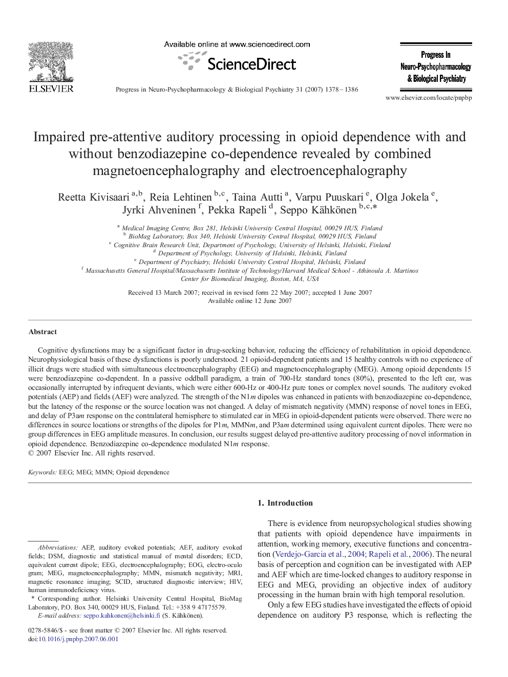 Impaired pre-attentive auditory processing in opioid dependence with and without benzodiazepine co-dependence revealed by combined magnetoencephalography and electroencephalography