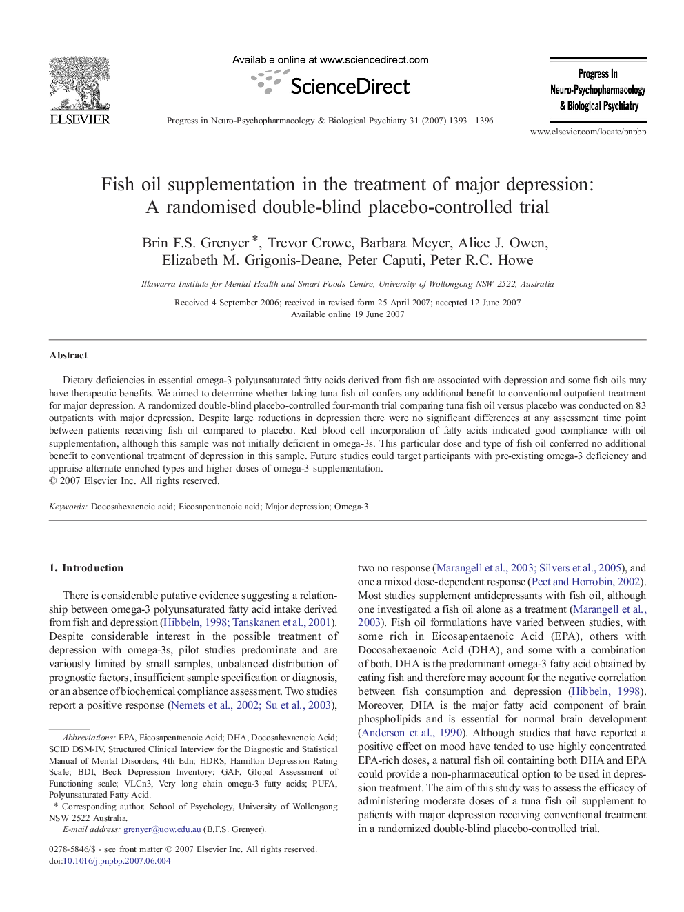 Fish oil supplementation in the treatment of major depression: A randomised double-blind placebo-controlled trial