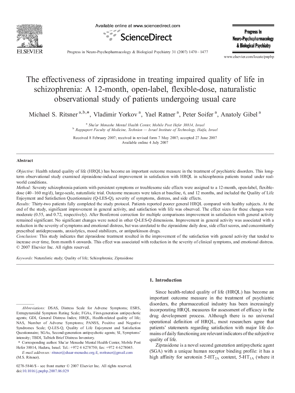 The effectiveness of ziprasidone in treating impaired quality of life in schizophrenia: A 12-month, open-label, flexible-dose, naturalistic observational study of patients undergoing usual care