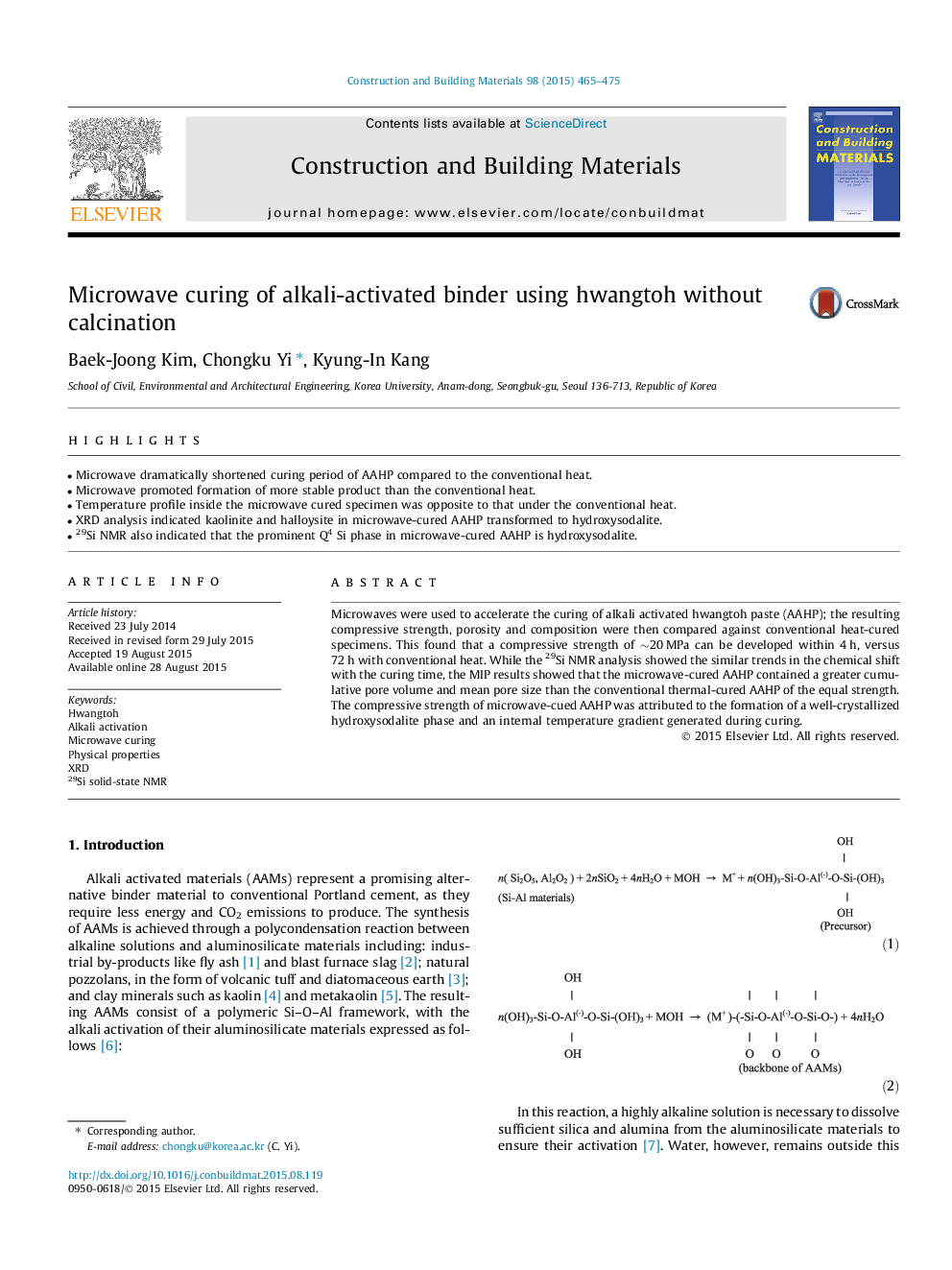 Microwave curing of alkali-activated binder using hwangtoh without calcination