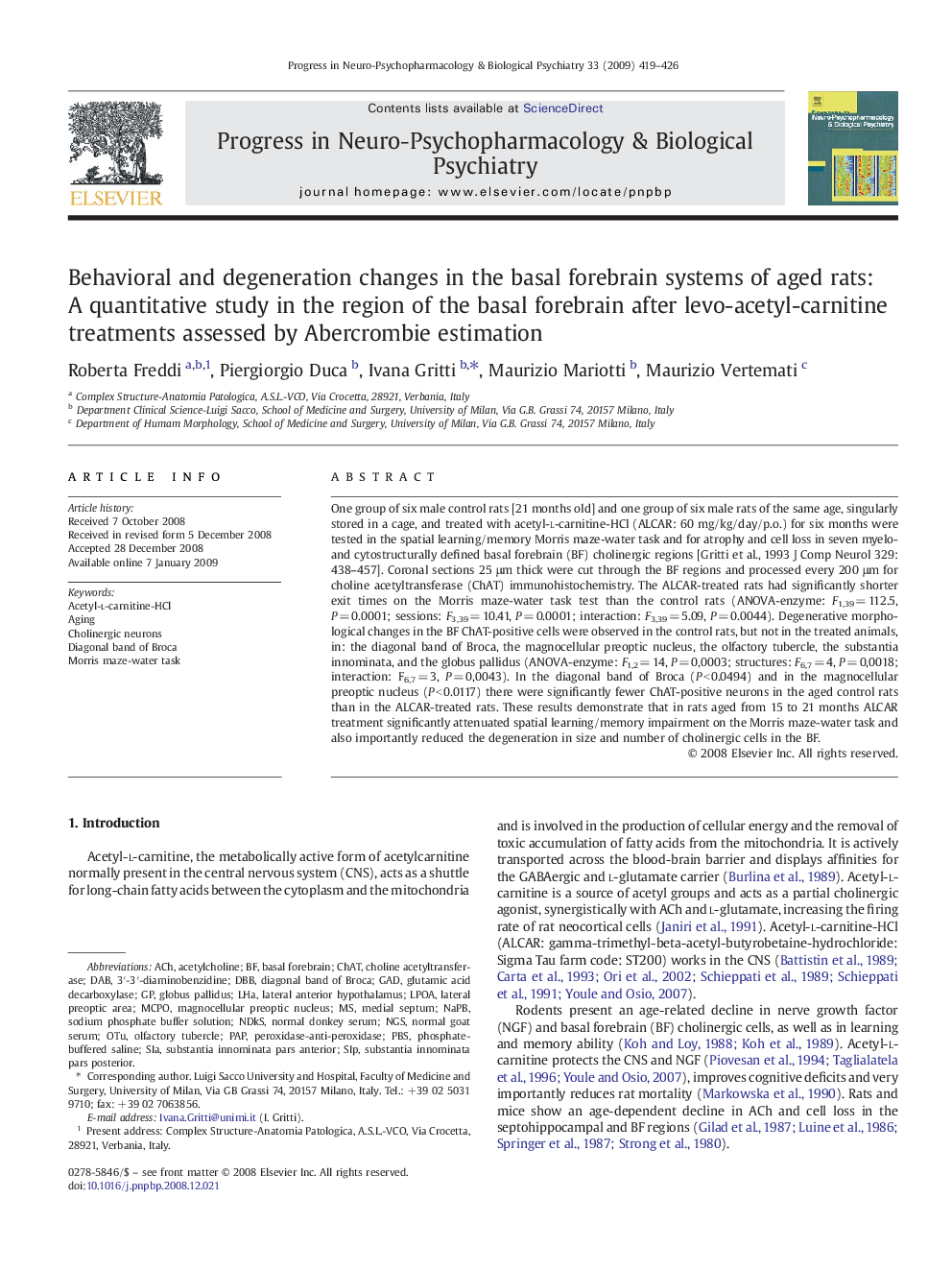 Behavioral and degeneration changes in the basal forebrain systems of aged rats: A quantitative study in the region of the basal forebrain after levo-acetyl-carnitine treatments assessed by Abercrombie estimation