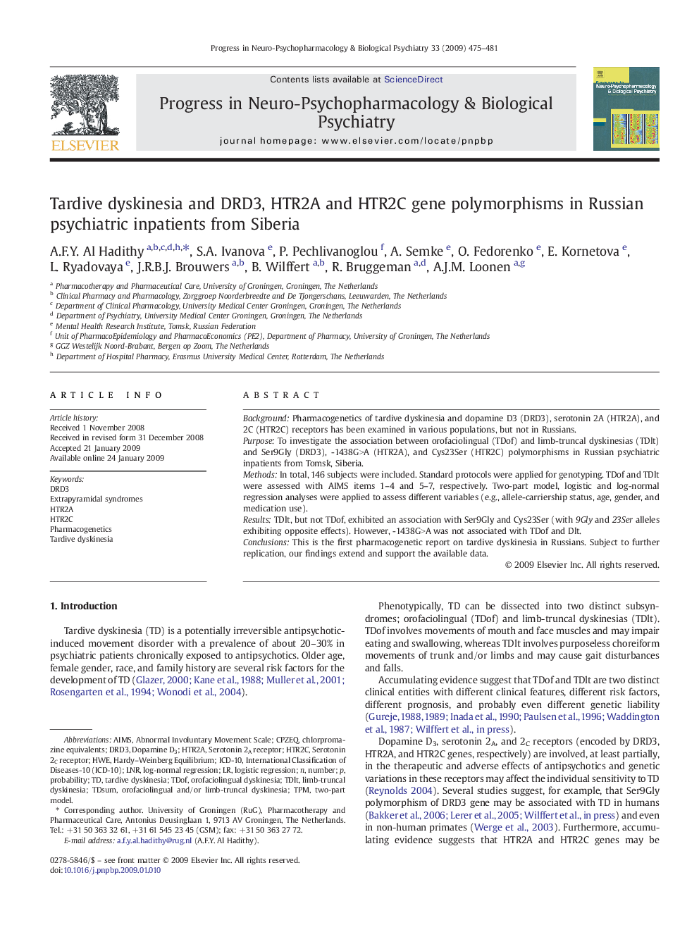 Tardive dyskinesia and DRD3, HTR2A and HTR2C gene polymorphisms in Russian psychiatric inpatients from Siberia