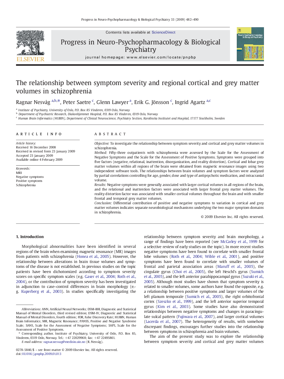 The relationship between symptom severity and regional cortical and grey matter volumes in schizophrenia