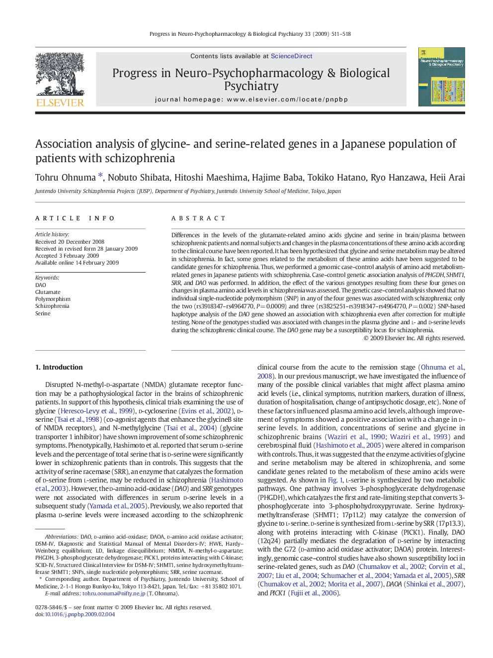 Association analysis of glycine- and serine-related genes in a Japanese population of patients with schizophrenia