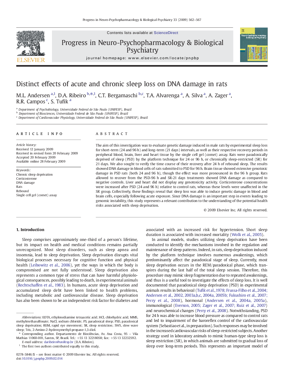 Distinct effects of acute and chronic sleep loss on DNA damage in rats