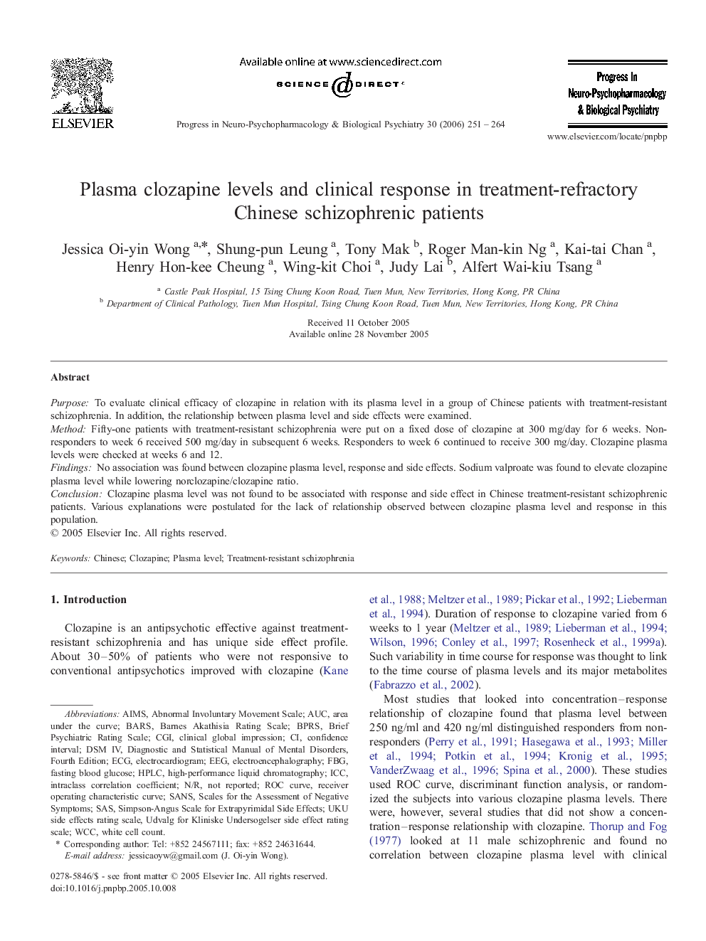 Plasma clozapine levels and clinical response in treatment-refractory Chinese schizophrenic patients