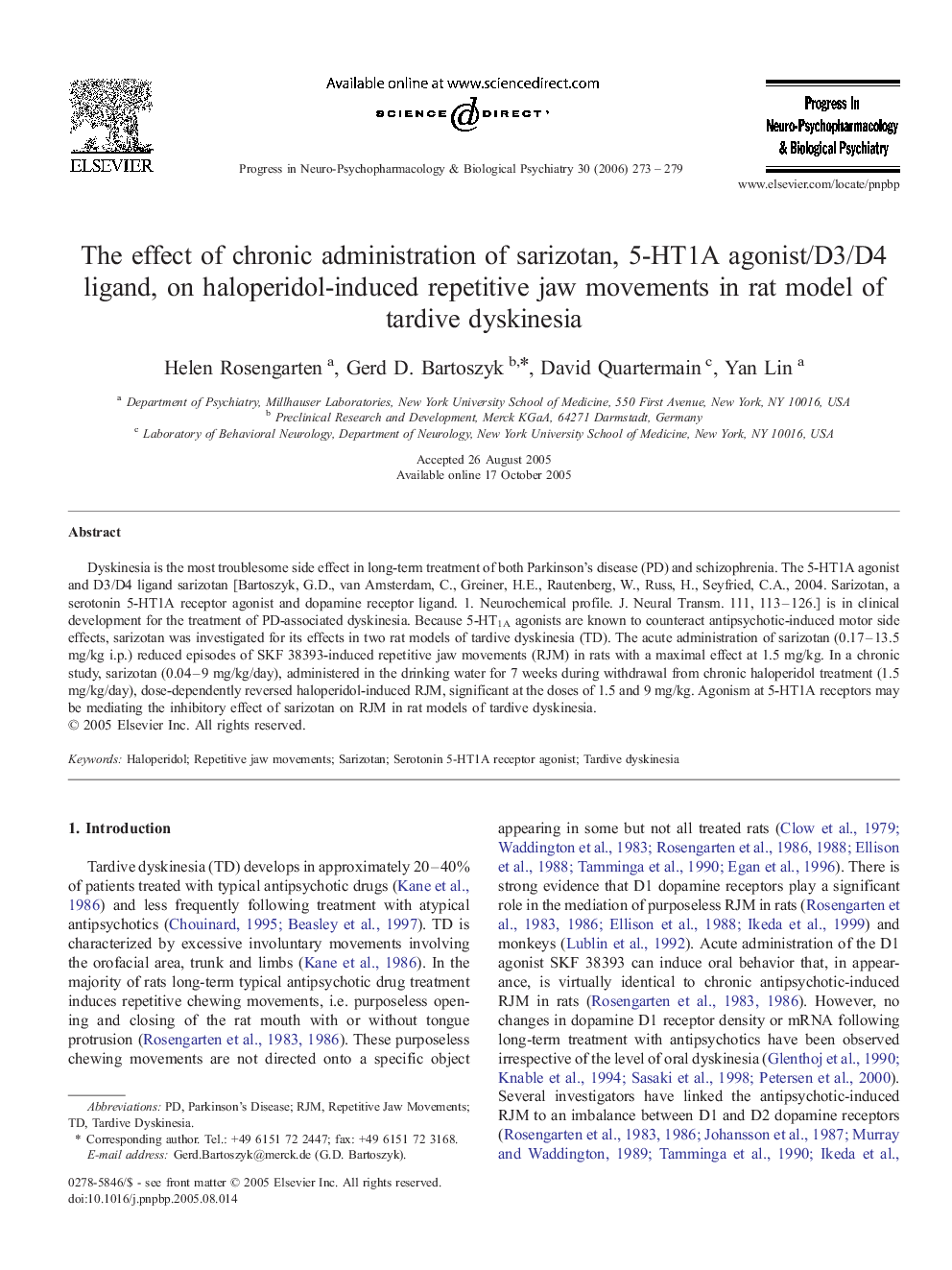 The effect of chronic administration of sarizotan, 5-HT1A agonist/D3/D4 ligand, on haloperidol-induced repetitive jaw movements in rat model of tardive dyskinesia