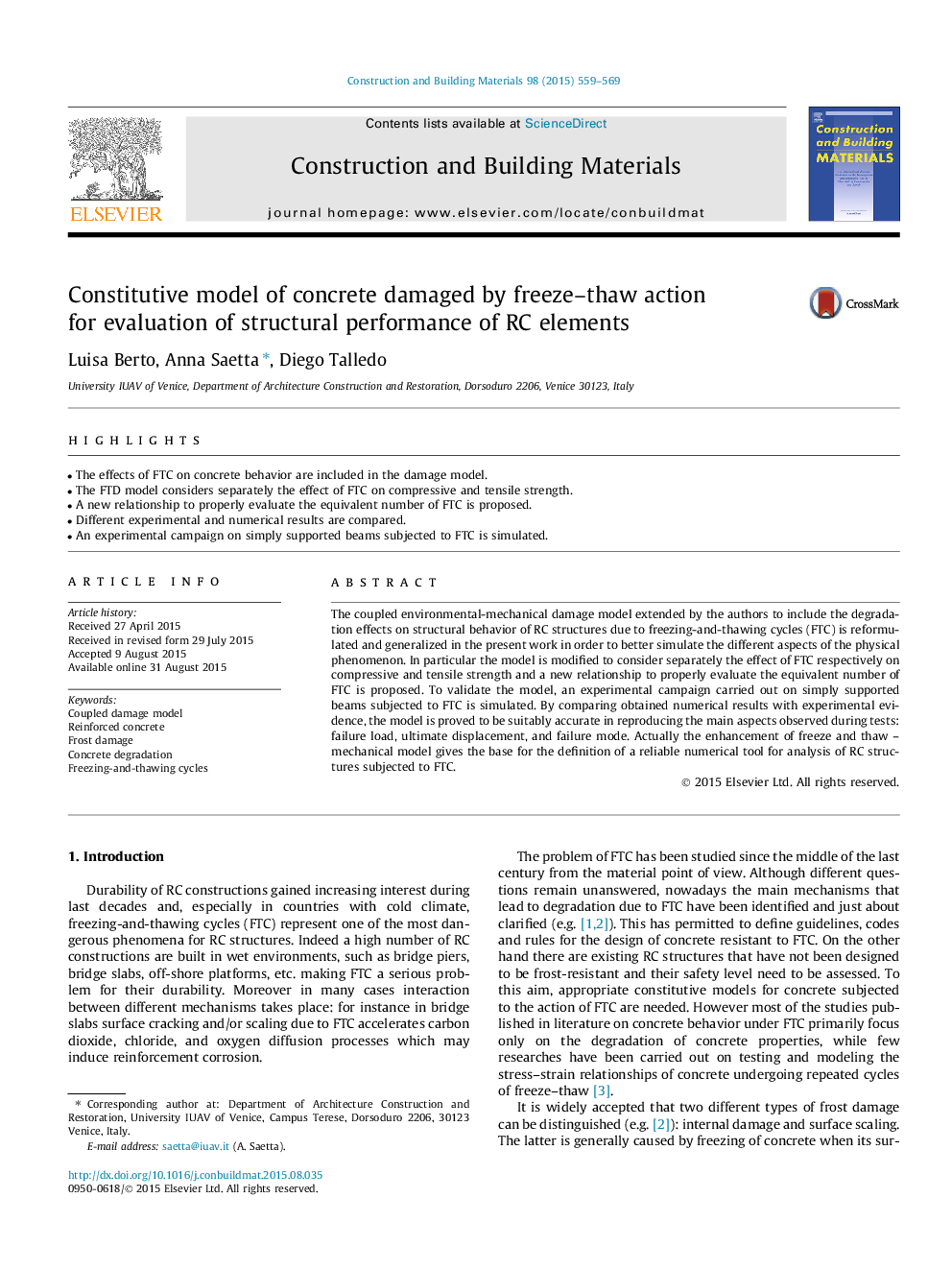 Constitutive model of concrete damaged by freeze–thaw action for evaluation of structural performance of RC elements