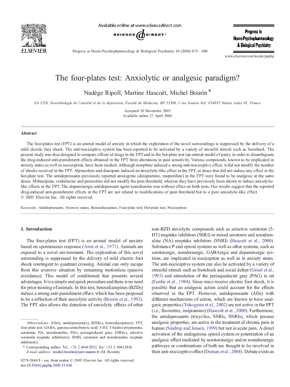 The four-plates test: Anxiolytic or analgesic paradigm?