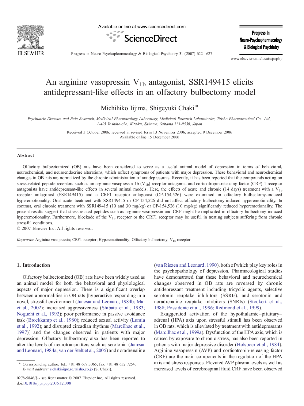 An arginine vasopressin V1b antagonist, SSR149415 elicits antidepressant-like effects in an olfactory bulbectomy model