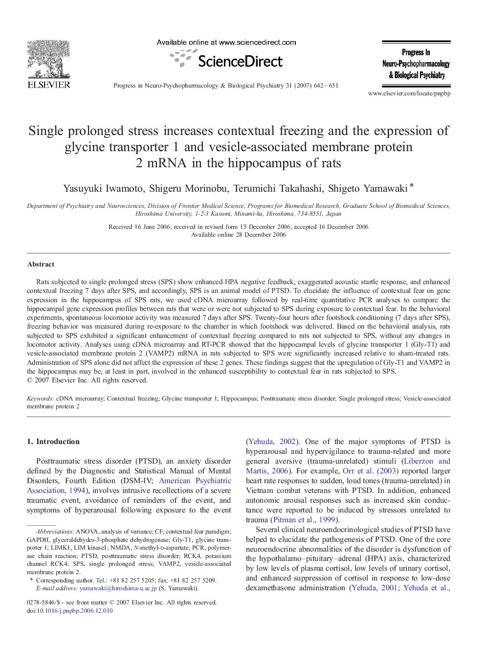 Single prolonged stress increases contextual freezing and the expression of glycine transporter 1 and vesicle-associated membrane protein 2 mRNA in the hippocampus of rats