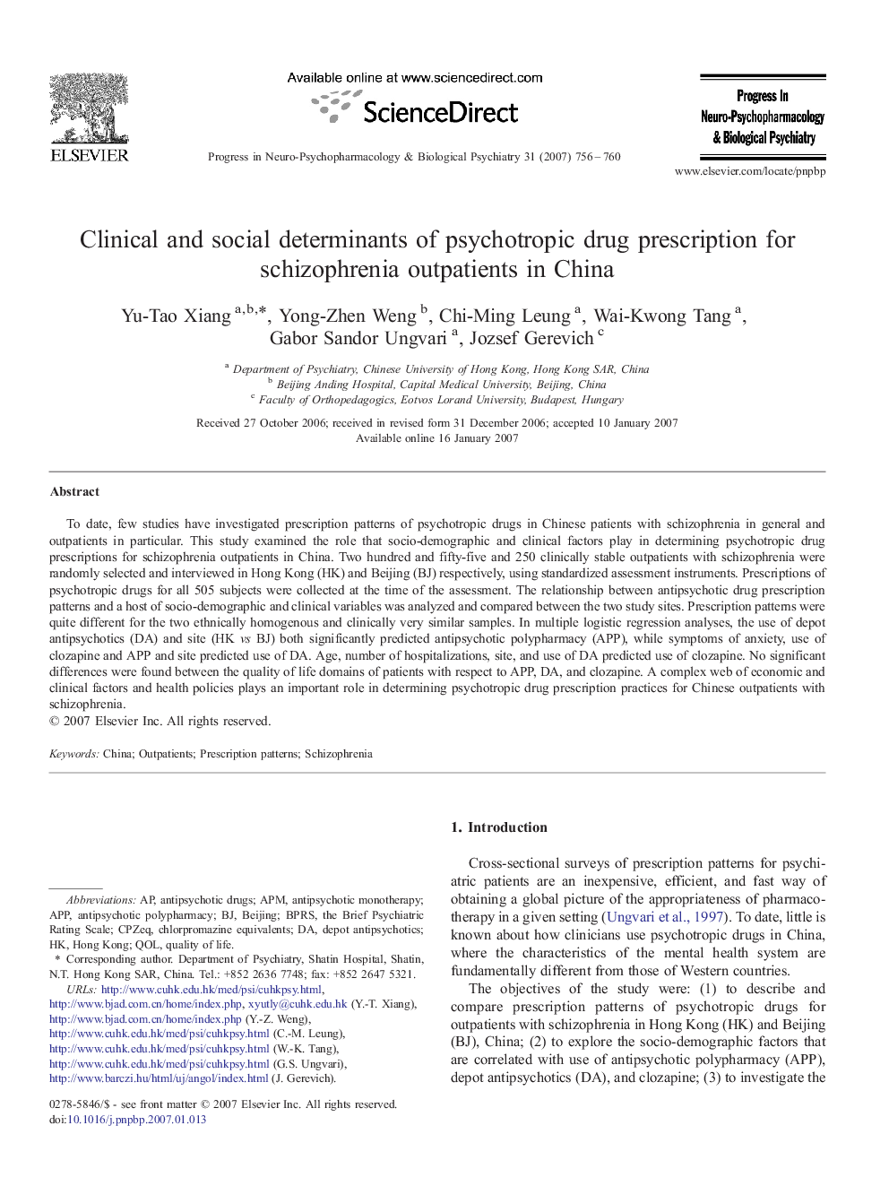 Clinical and social determinants of psychotropic drug prescription for schizophrenia outpatients in China