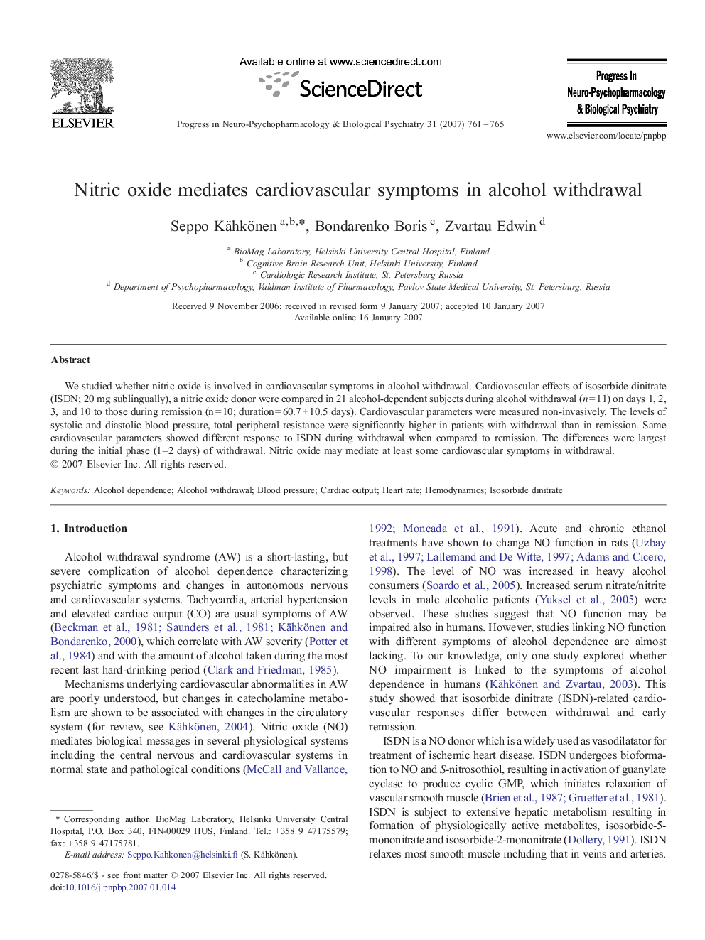 Nitric oxide mediates cardiovascular symptoms in alcohol withdrawal