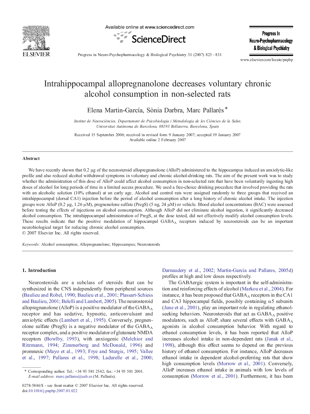 Intrahippocampal allopregnanolone decreases voluntary chronic alcohol consumption in non-selected rats