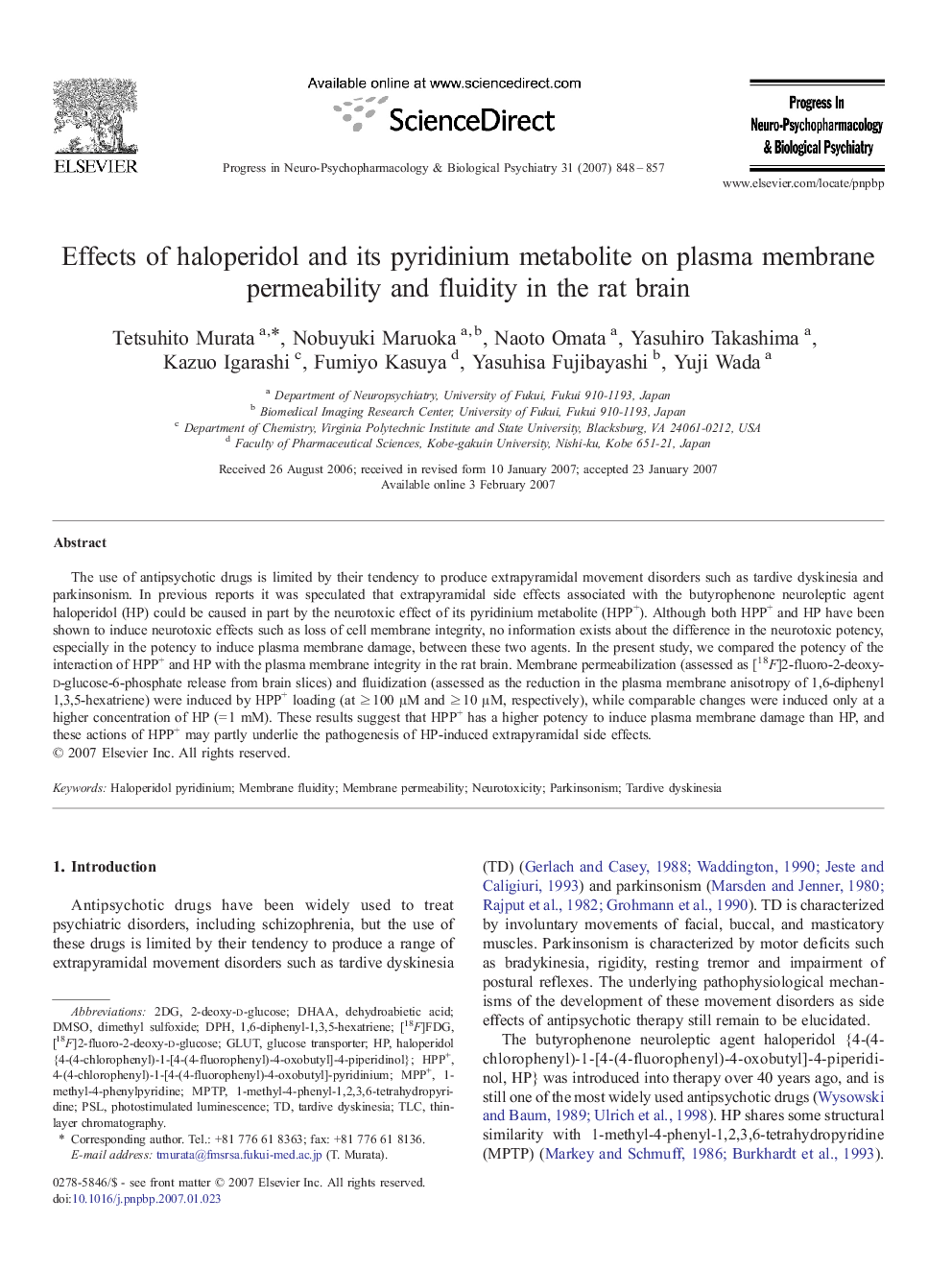 Effects of haloperidol and its pyridinium metabolite on plasma membrane permeability and fluidity in the rat brain