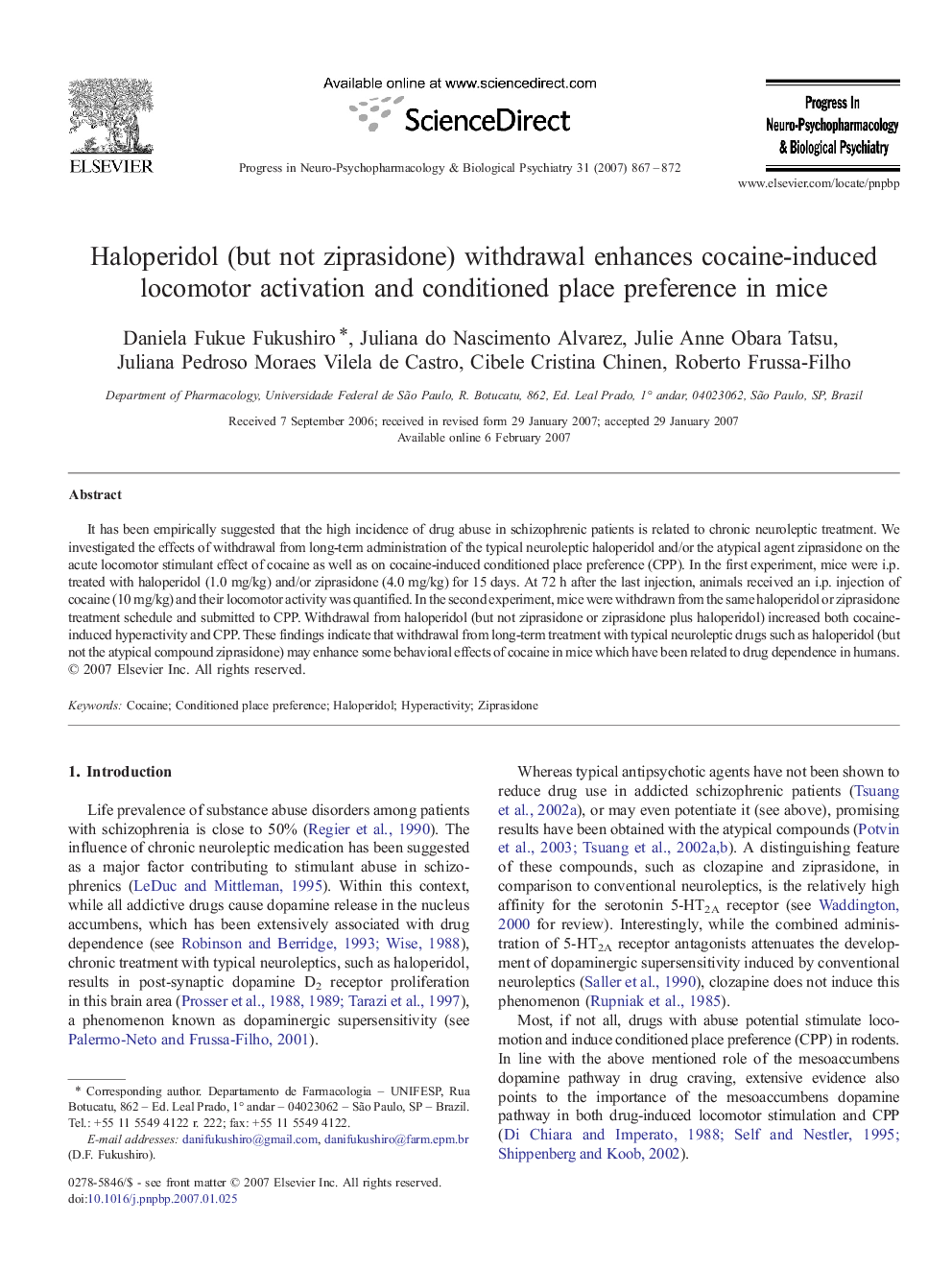 Haloperidol (but not ziprasidone) withdrawal enhances cocaine-induced locomotor activation and conditioned place preference in mice