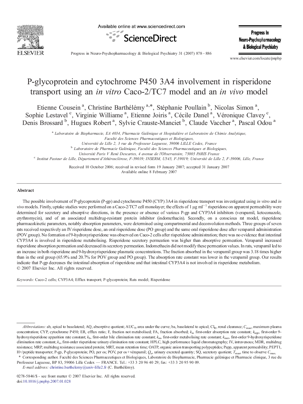 P-glycoprotein and cytochrome P450 3A4 involvement in risperidone transport using an in vitro Caco-2/TC7 model and an in vivo model