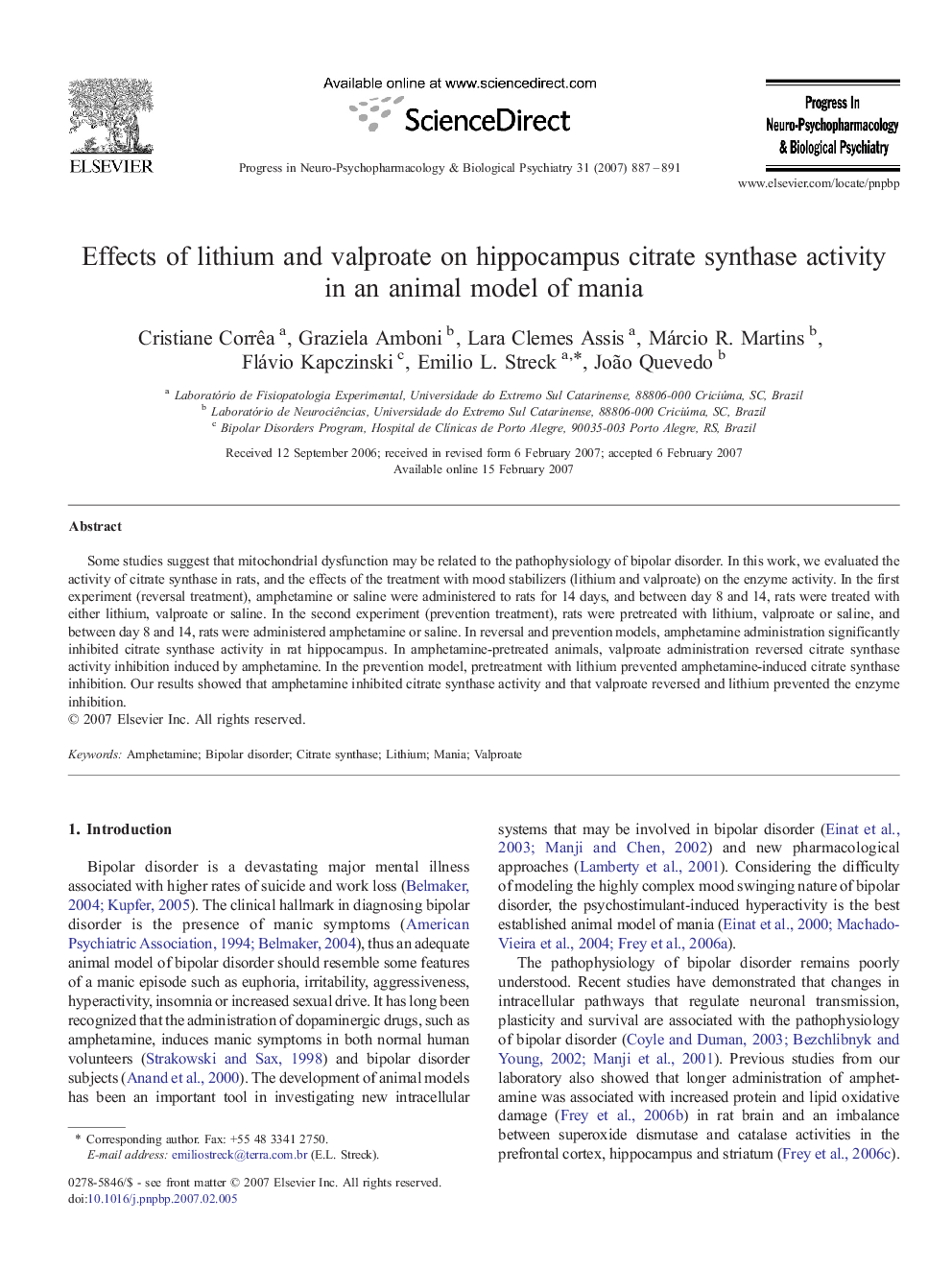 Effects of lithium and valproate on hippocampus citrate synthase activity in an animal model of mania