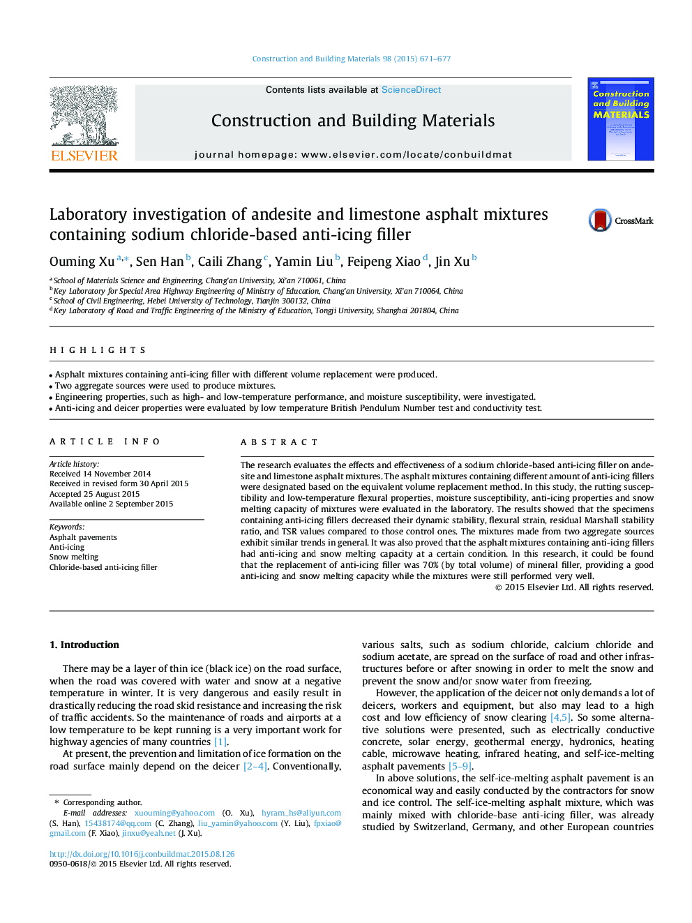 Laboratory investigation of andesite and limestone asphalt mixtures containing sodium chloride-based anti-icing filler