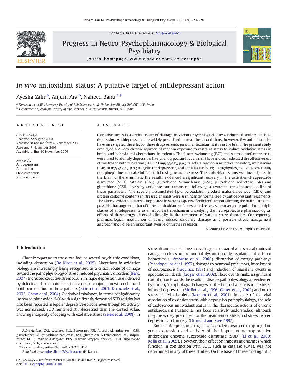 Invivo antioxidant status: A putative target of antidepressant action