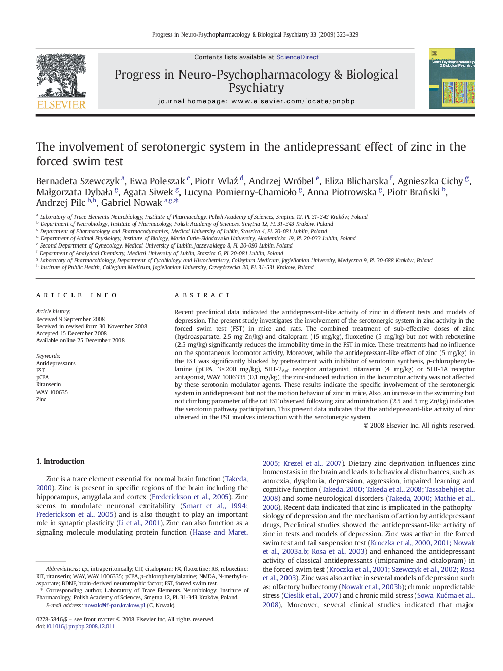 The involvement of serotonergic system in the antidepressant effect of zinc in the forced swim test