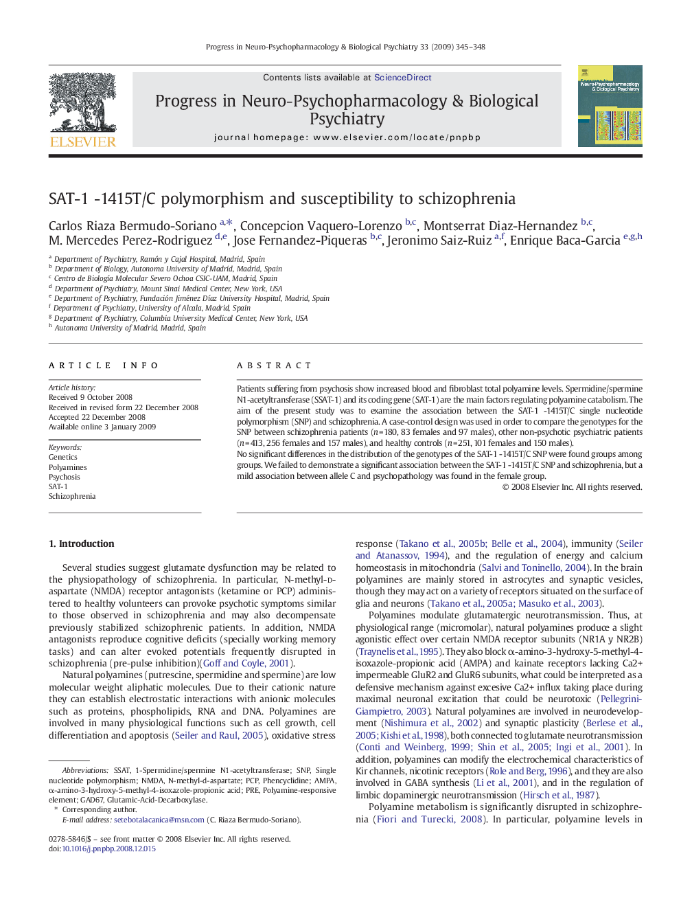 SAT-1 -1415T/C polymorphism and susceptibility to schizophrenia